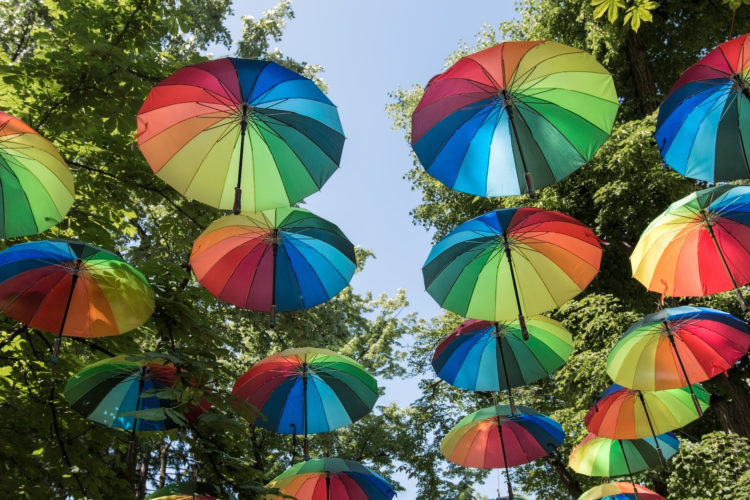 Header: multicoloured umbrellas